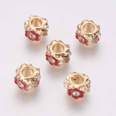 

Alloy European Beads Large Hole Beads with Enamel&Rhinestone Flower Red Light Gold 7x11mm Hole 45mm