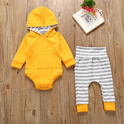 

2Pcs Fashion Newborn Baby Boy Girl Long Sleeve Hoodie Romper Tops Striped Long Leggings Pants Clothes Outfits Set