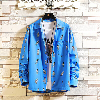 

Tailored Mens Autumn New Casual Fashion Print loose Lapel Long Sleeve Shirt Tops