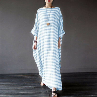 

Retro Women Crew Neck Loose Casual Stripe Cotton Baggy Oversized Long Maxi Dress