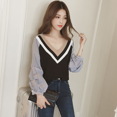 

Women V-neck Striped Long Sleeve Pullover Tops Loose Business Work Shirt Blouse