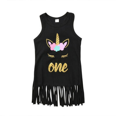 

Cartoon Unicorn Kids Girls Children Princess Tassel Summer Casual Dress Sunsuit