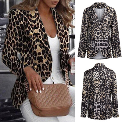 

Toponeto Women Fashion Leopard Botton Long Sleeve Pocket Notched Tops Casual Coat