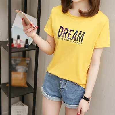 

Womens Casual Round Neck Letter Print Short Sleeve Loose Pullover Simple T-Shirt