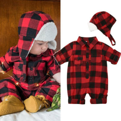 

Newborn Kids Baby Boy Girl Xmas Clothes Plaid Romper Jumpsuit Hat Warm Outfits