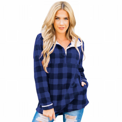 

Plaid womens sweatshirt lapel long-sleeved warm sweatshirt shirt womens