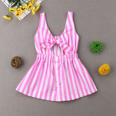 

Summer Family Matching Clothes Women Kids Girls Sleeveless Stripe Bow Dress