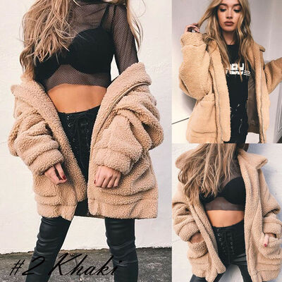 

US Womens Winter Teddy Bear Pocket Fluffy Coat Fleece Fur Jacket Outerwear