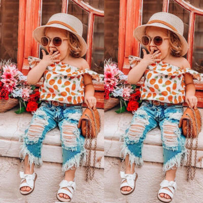 

Canis Toddler Kids Baby Girl Pineapple Print Tops Denim Long Pants Outfits Set