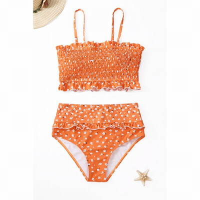 

High-elastic tube top ruffled high-waist two-piece split swimsuit