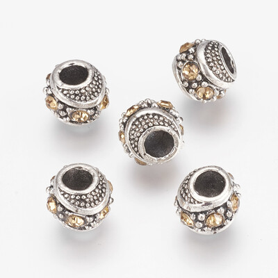 

Tibetan Style Alloy European Beads with Rhinestone Rondelle Antique Silver Light Colorado Topaz 11x9mm Hole 6mm