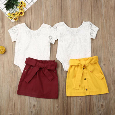 

US Infant Baby Girl Flower Short-Sleeved Lace Bodysuit A-semi-skirt Outfit Dress