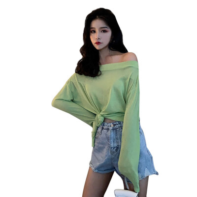 

Sexy Slash Neck Full Sleeve T Shirt Summer Women Off Shoulder Solid t-shirt Casual Loose Ladies T-Shirt Tops