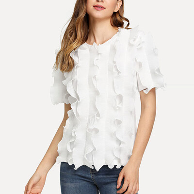 

Nomeni Fashion Women Sexy Short Sleeve Ruffles Pure Color O-Neck Shirt Blouse Tops