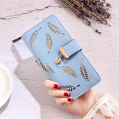 

PU Leather Wallet Hollow Leaf Zipper Wallets Card Holder Purse Long Clutch Handbag For Women