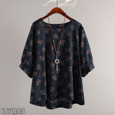 

Plus Size Women Cotton Ethnic Blouse Shirt Oversize Asymmetrical Floral Tops New