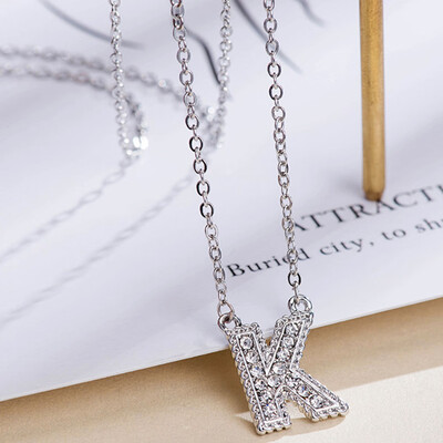

Fashion Women 26 Double Sided English Alphabet Diamond Silver Color Necklace