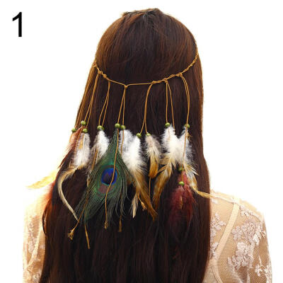 

Bohemian Women Peacock Feather Headband Braided Rope Hair Band Hippie Headdress