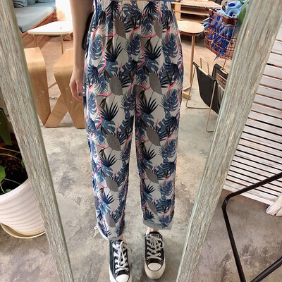 

Loose Leaves Print High Waist Ankle-length Pants Fashion Casual Women Wide Leg Pants Elastic Waist High Waist Female Pant