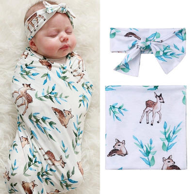 

Newborn Baby Swaddle Blanket Sleeping Swaddle Muslin Fawn WrapHeadband