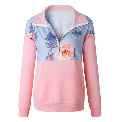 

Casual Retro Quarter Zip Pullover Sweatshirt Women Floral Print Tops