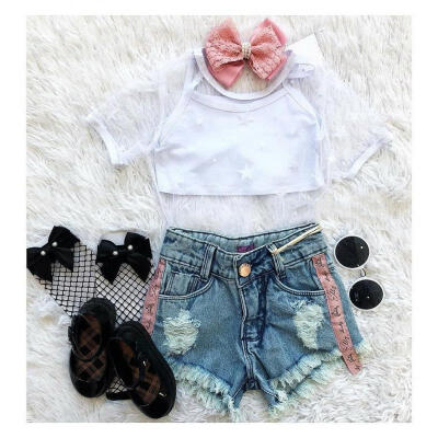 

Fashion 2PCS Toddler Kids Baby Girl Star Tulle Vest Tops Denim Shorts Outfits Clothes Summer