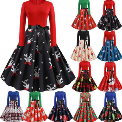 

Womens Long Sleeve Christmas Dress Vintage Xmas Swing Retro Party Fancy Dresses