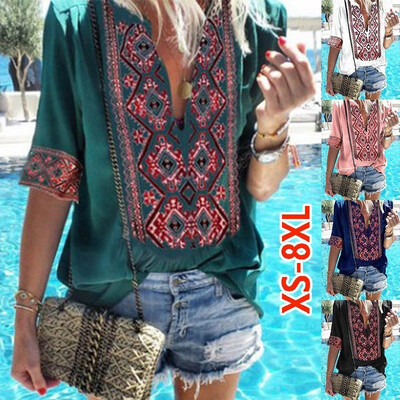 

Amazon Wish fast-selling explosions womens national wind print V-neck large size sexy loose sleeves T-shirt tops Blue