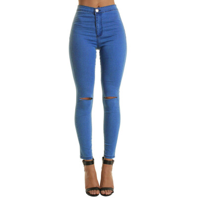 

Tailored Women Casual Slim Solid Hole Long Jeans Zippers Sexy Skinny Pants Daily Trousers