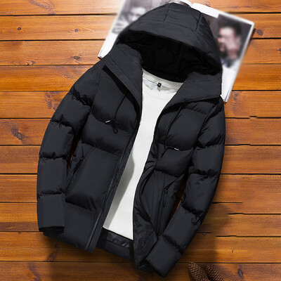 

Mens Solid Color Hooded Casual Cottton Padded Zipper Warm Long Sleeve Overcoat