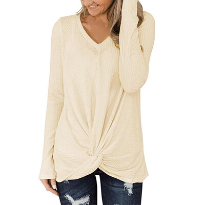 

Fashion Women Sweatshirt Loose T-shirt Waffle V Neck Long Sleeves Twisted Front Solid Spring Autumn Casual Tees Casual Tops