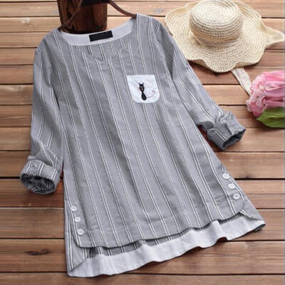 

Womens Tops Striped Embroidered Cat Pullover Long Sleeve Loose Home Wear Tops