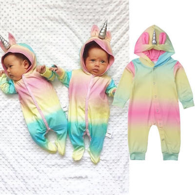 

Cute Unicorn Horn Infant Baby Boy Girl Hooded Romper Jumpsuit Kids Clothes Outfit