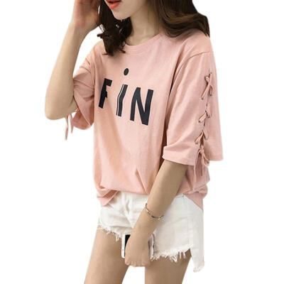 

Summer Casual Loose T-Shirt Women Letter Half Sleeve Lace Up O Neck Tees