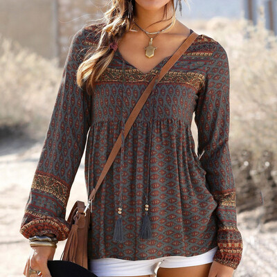 

Starmoon Womens Vintage Print Daily Casual Long Sleeve V Neck Tops Ladies Blouse T-Shirt