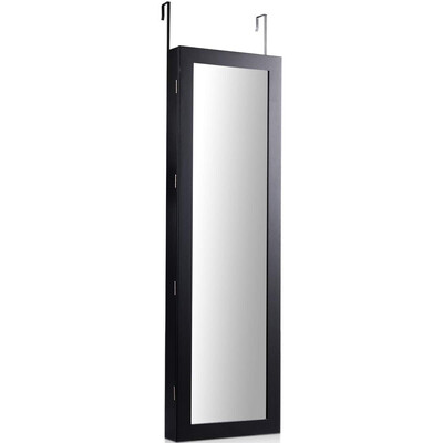 

Lockable Wall Door Mounted Mirror Jewelry Cabinet wLED Lights-Black