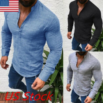 

Mens Slim Fit V Neck Long Sleeve Muscle Tee T-shirt Casual Tops Henley Shirts