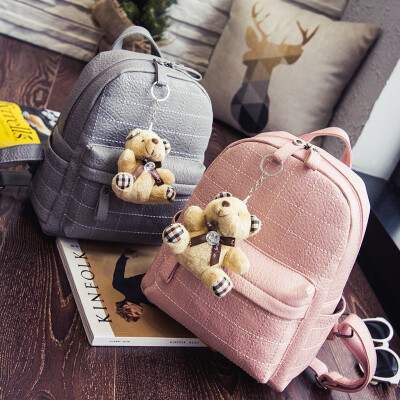 

Korean version of the bear bear womens shoulder bag embroidered line pendant fashion backpack PU leather wrinkle fashio