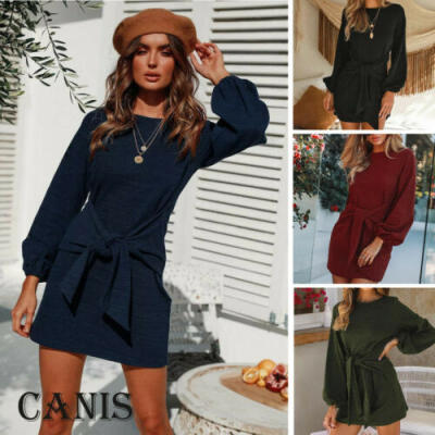 

Women Lace Up Crew Neck Knitted Loose Jumper Dress Winter Party Short Mini Dress