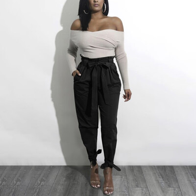 

HOT Womens High Waist Tie Belt Trousers Long Pants Ruffles Office Casual Bottoms
