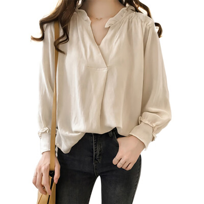

Women Casual Concise Comfortable Sweet V-neck Solid Color Ruffled Long Sleeve Blouse