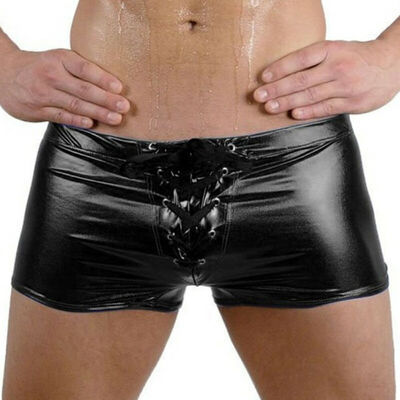 

Sexy Mens Boxer Briefs Lingerie Wet Look Faux Leather Shorts Underwear Swimwear
