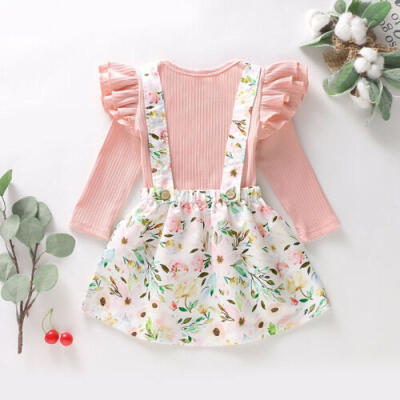 

US Toddler Kids Baby Girls Clothes Long Sleeve Tops Floral Bib Dress Outfits Set