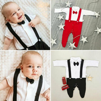

Newborn Baby Boy Footed Romper One Piece Bowtie Jumpsuits with Suspenders