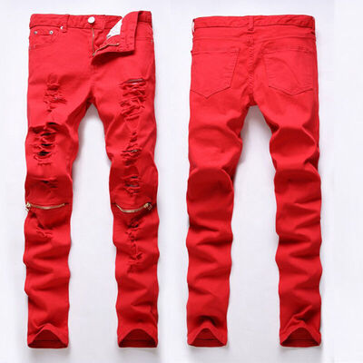 

Mens Stretchy Ripped Skinny Biker Destroyed Taped Slim Fit Pants Cargo Trousers Zipper
