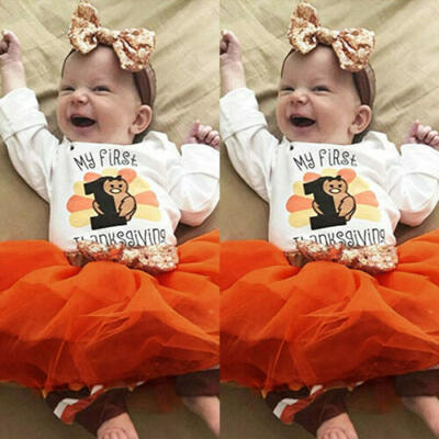 

Baby Girl First 1st Thanksgiving Party Dress Outfit Tutu Skirt Bow Headband 4PCS