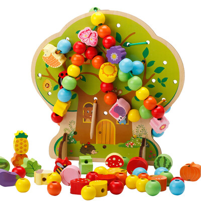 

Stringing & Lacing Bead Set Candy Tree With Thread String Colorful Beads Tote Bag Wooden Puzzle Learning Educational Toys for Ki