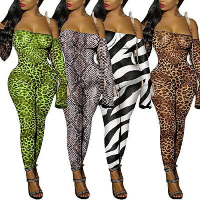 

US STOCK Women Off Shoulder Long Sleeve Animal Print Bodycon Jumpsuit Romper Top