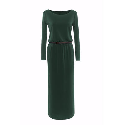 

Elegant Women Round Collar Pocket Solid Color Loose Long Dresses with Belt