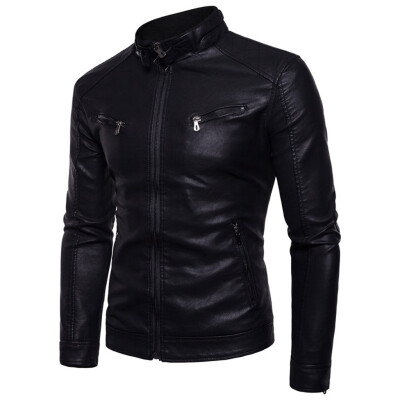 

Toponeto Mens Autumn Winter Long-sleeved Leather Motorcycle Jacket Zipper Coat